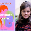 Rechts ist eine Portrait einer Frau mit braunen Haaren (Angie Volk) und links der Roman "Brüchiges Plastik).