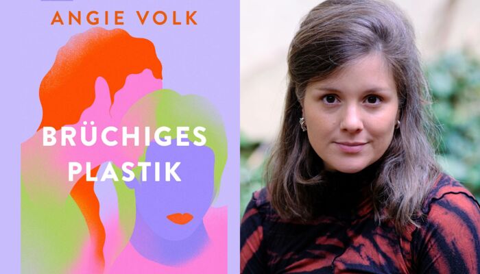 Rechts ist eine Portrait einer Frau mit braunen Haaren (Angie Volk) und links der Roman "Brüchiges Plastik).