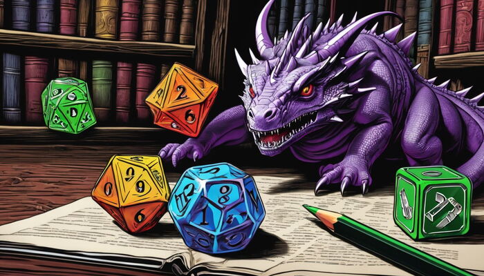 Zeichnung eines Drachen mit Würfeln
