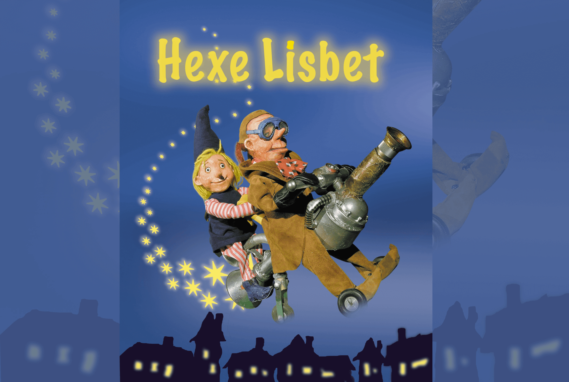 Plakat mit zwei Figuren (eine Hexe und ein Mann) auf einem fliegenden Besen; Überschrift "Hexe Lisbet"