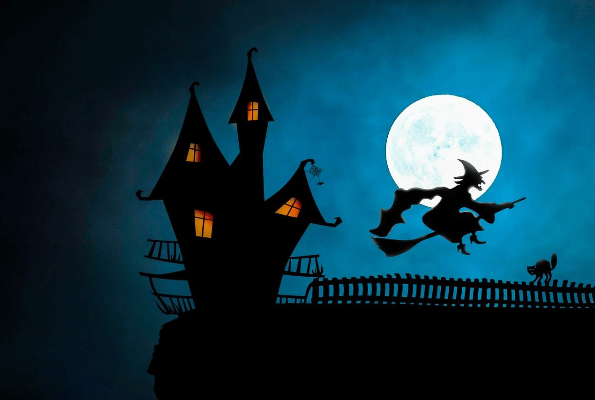 Illustration Hexe auf einem Besen und Hexenhaus