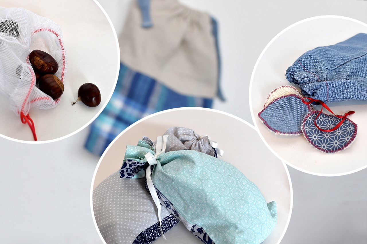 selber genähte Beutel aus bunten Stoffen