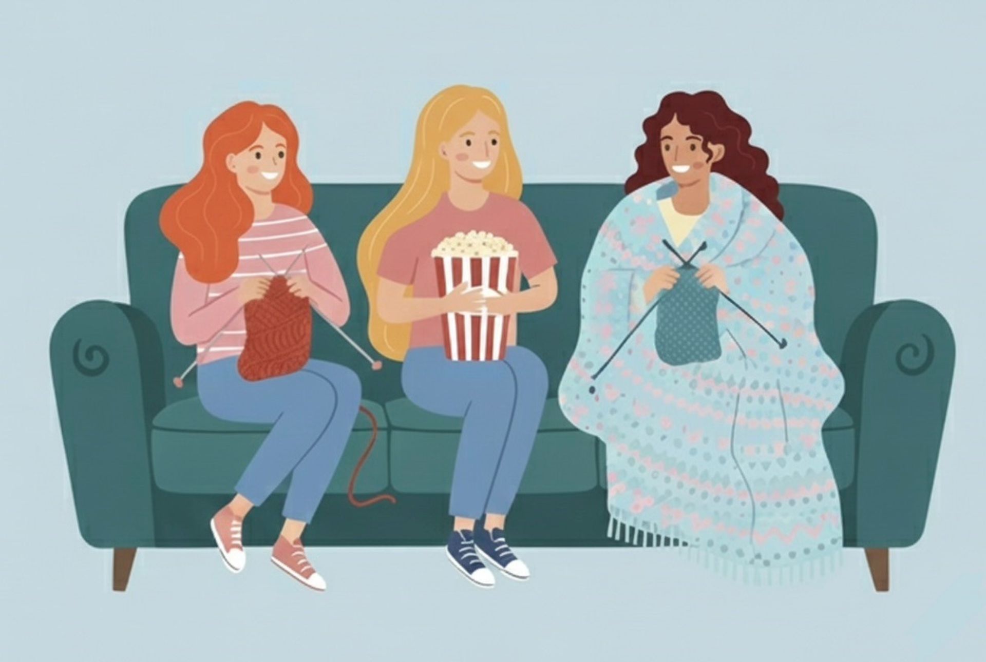 Personen sitzen auf dem Sofa und stricken.