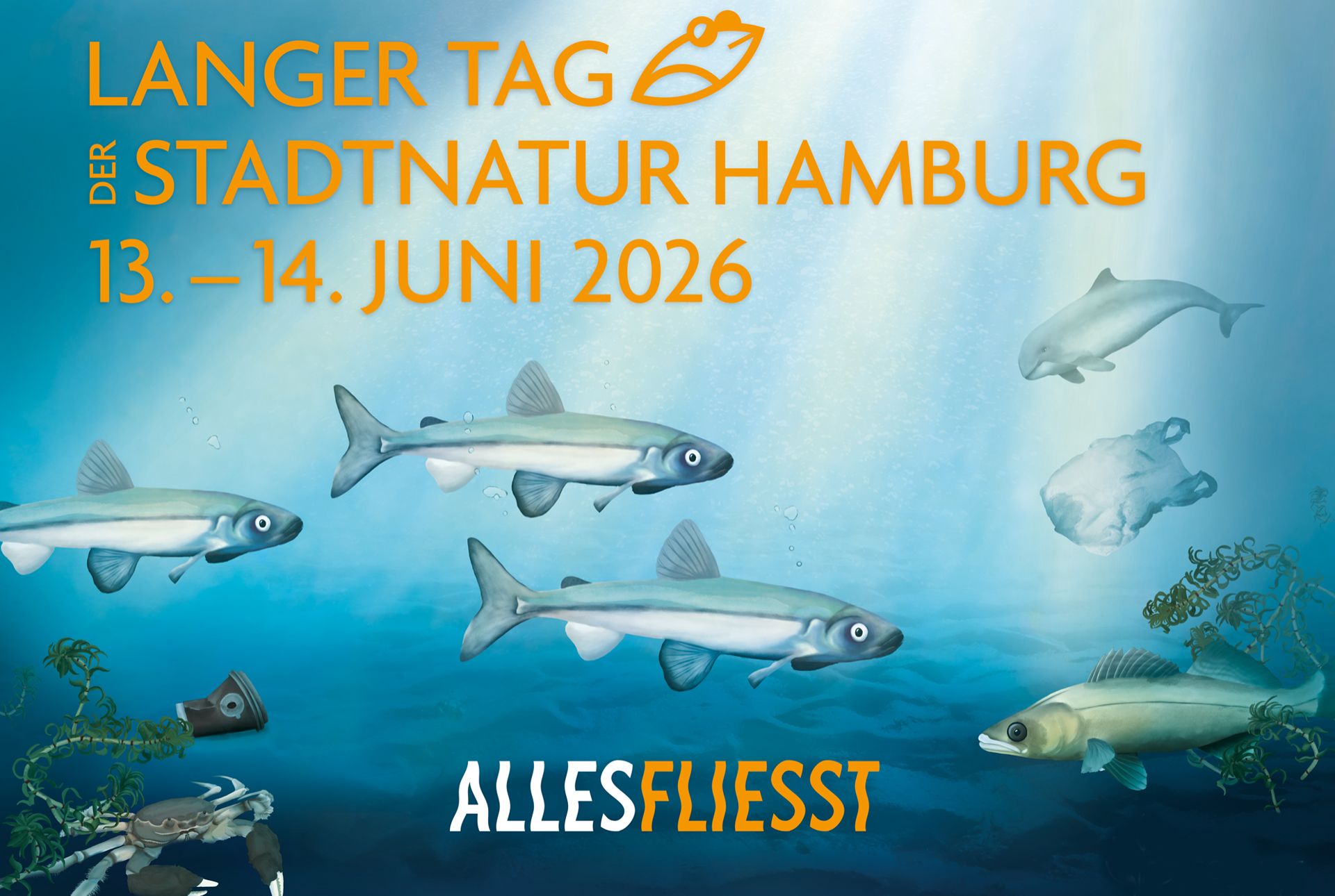 Text "Langer Tag der Stadtnatur Hamburg, 13.-14- Juni 2026, Alles fließt. im Hintergrund: Meer mit Fischen und Plastikmüll.