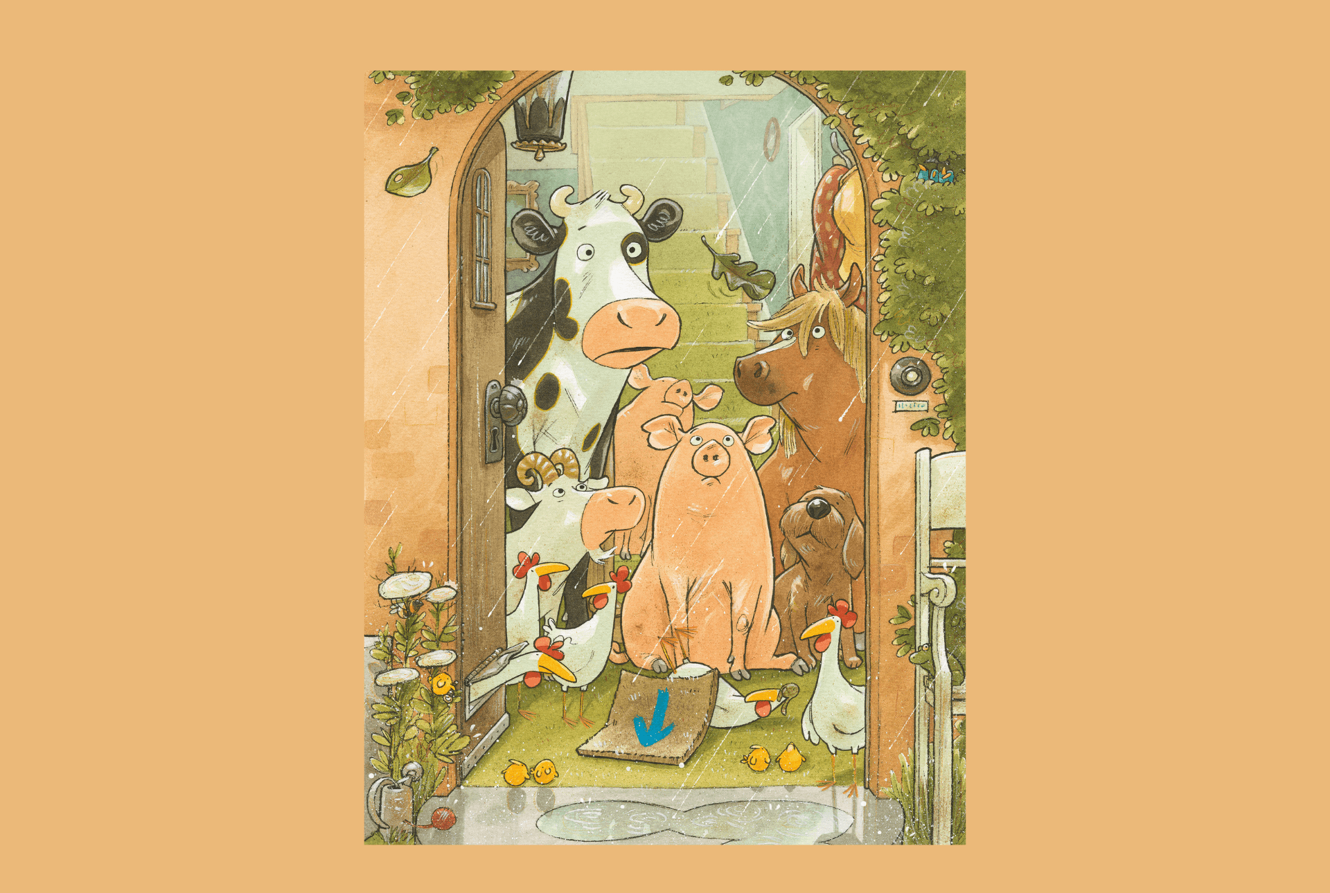 Illustration von Einer Kuh (Lieselotte) mit weiteren Tieren, die in einem Hauseingang stehen und draußen den Regen anschauen.
