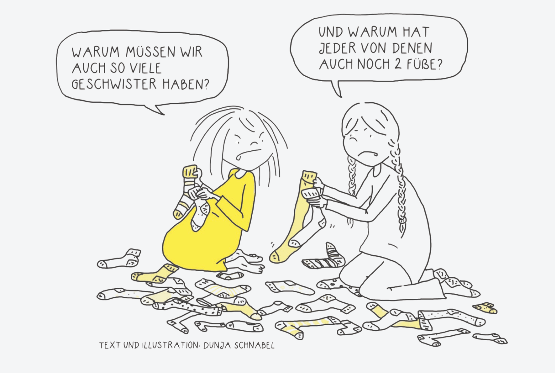 Comiczeichnung von zwei Schwestern, die Socken sortieren