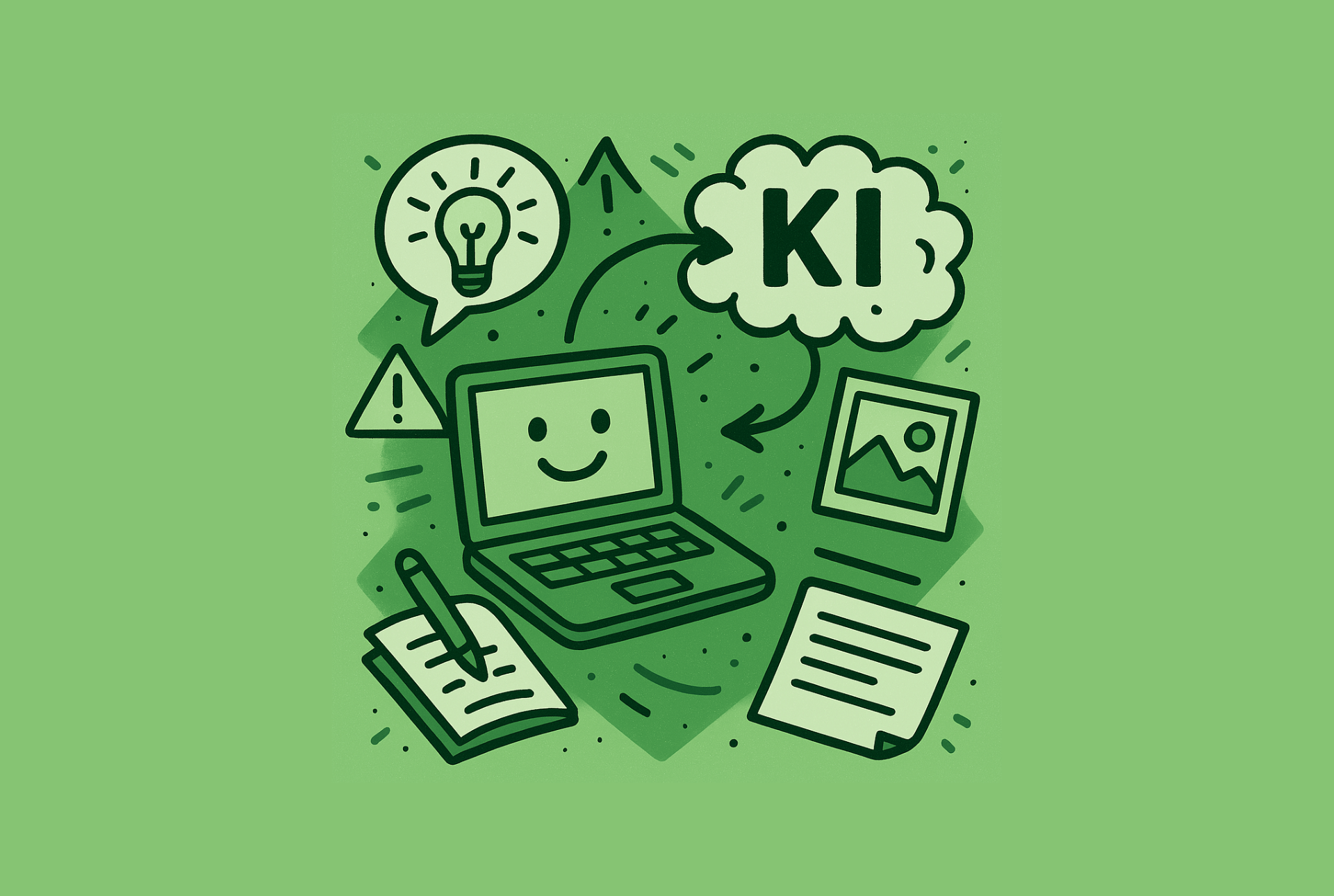 Einfache, grüne Zeichnung eines Laptops, einer Gedankenblase mit "KI" und einige weitere Symbole