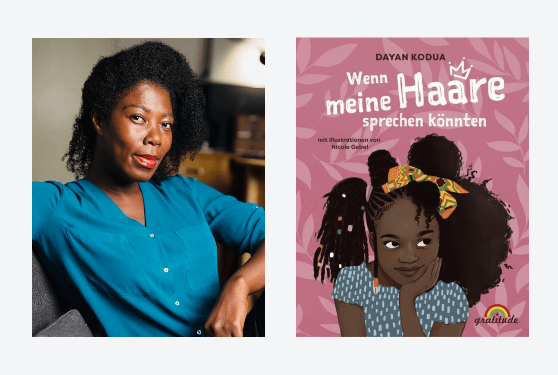 Portrait Dayan Kodua und Buchcover "Wenn meine Haare sprechen könnten"