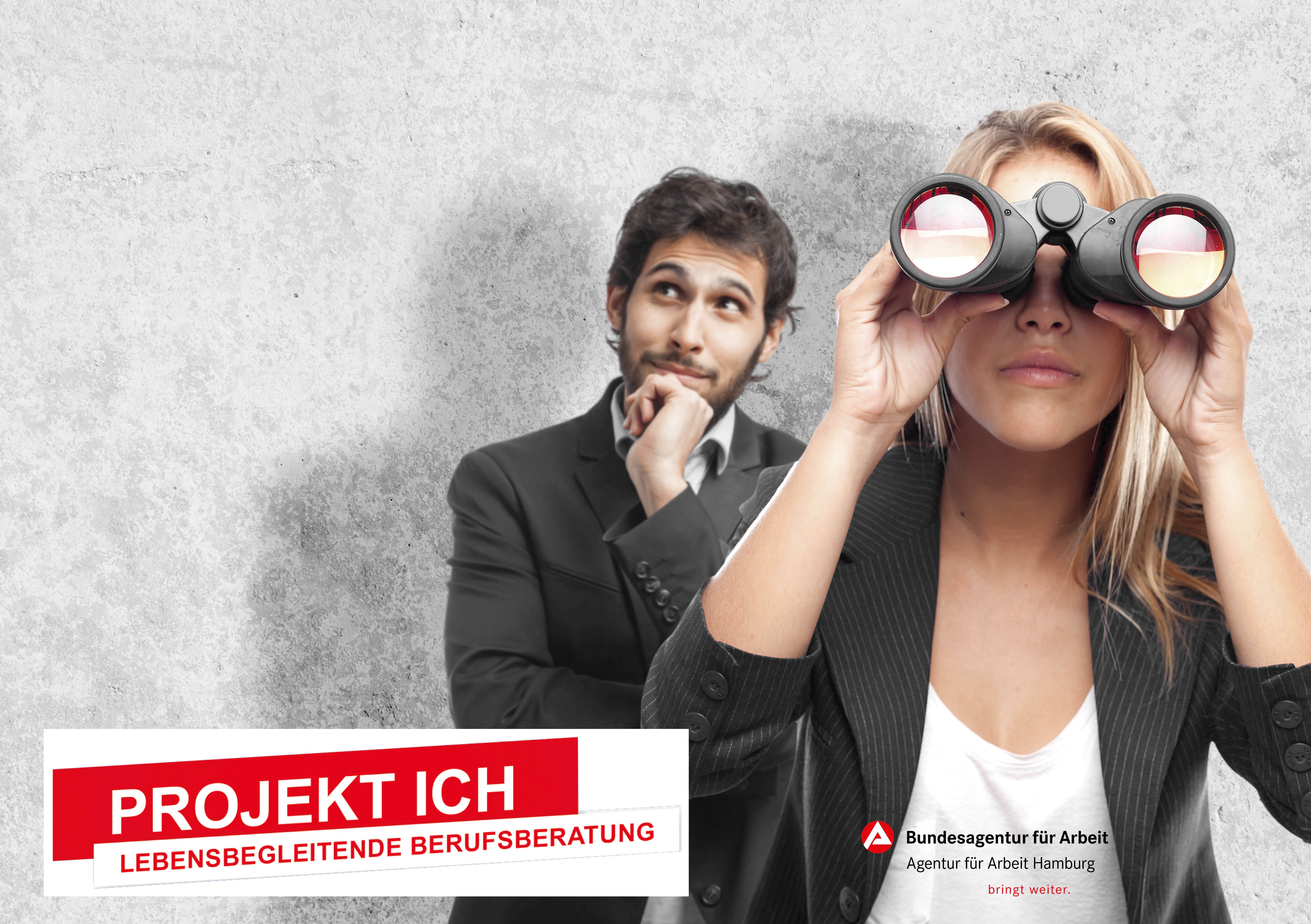 Mann und Frau mit Fernglas, Schriftzug Lebensbegleitende Berufsberatung