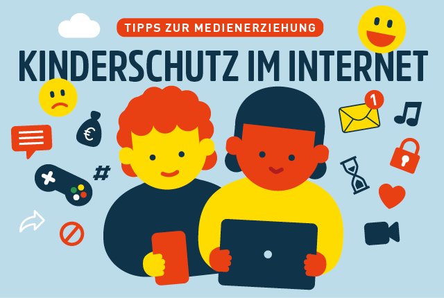 Illustration: Kind vor einem Banner mit mobilen Geräten